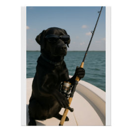 Poster Funny Black Labrador Dog Fishing 