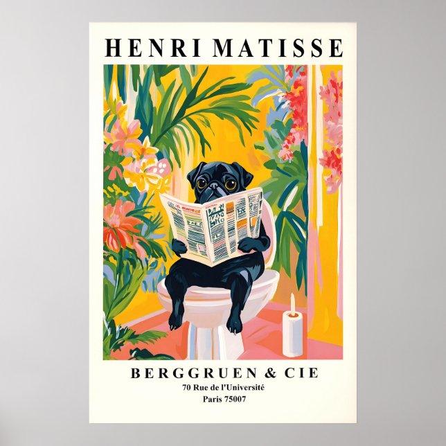Poster Funny Black Pug Bathroom Print Matisse Style (Devant)