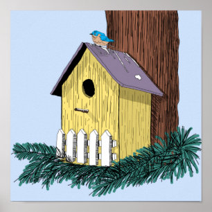 Poster Funny Bluebird sur Birdhouse