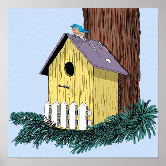 Poster Funny Bluebird sur Birdhouse (Devant)