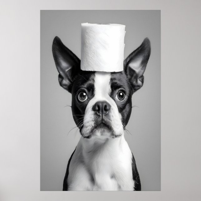 Poster Funny Boston Terrier Bathroom Print, Toilet Paper (Devant)