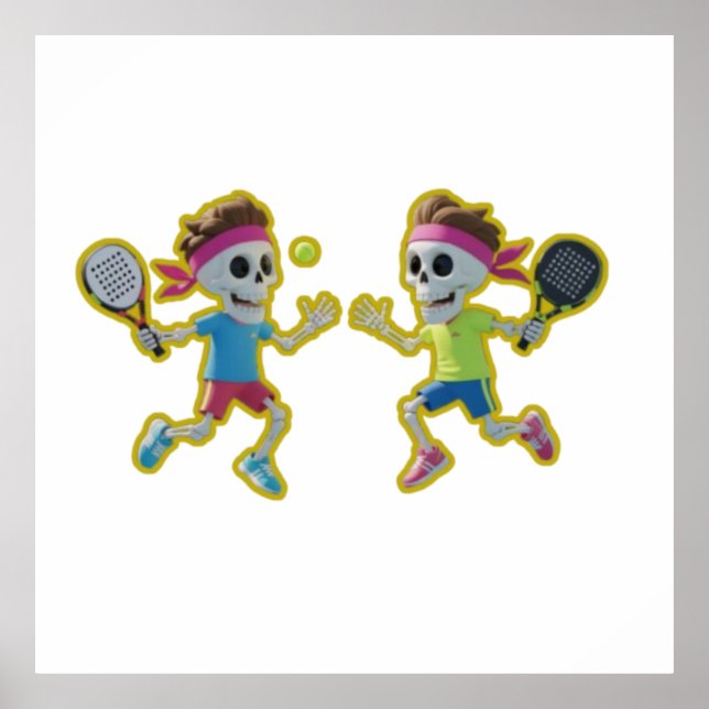 Poster Funny Cartoon Skeletons Playing Padel Tennis – 3D  (Devant)