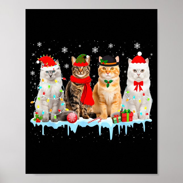 Poster Funny Cat Christmas Lights Reindeer Santa Xmas Kit (Devant)