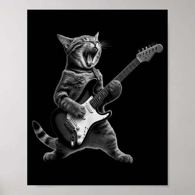Poster Funny Cat Playing Guitar Rock And Roll Men Women K (Devant)
