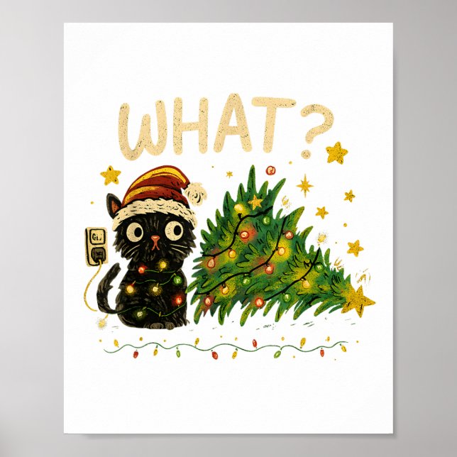 Poster Funny Cat With Christmas Lights And Fallen Tree Ar (Devant)