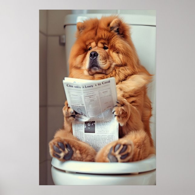 Poster Funny Chow Chow Bathroom Print, Dog Reading (Devant)