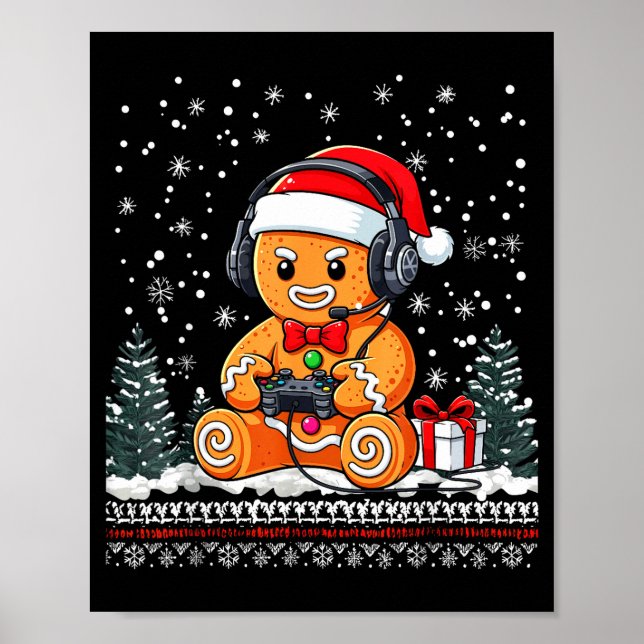 Poster Funny Christmas Gamer Gingerbread Xmas Gaming Men  (Devant)