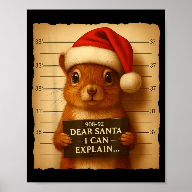 Poster Funny Christmas Squirrel - Cute Squirrel Santa Hat (Devant)
