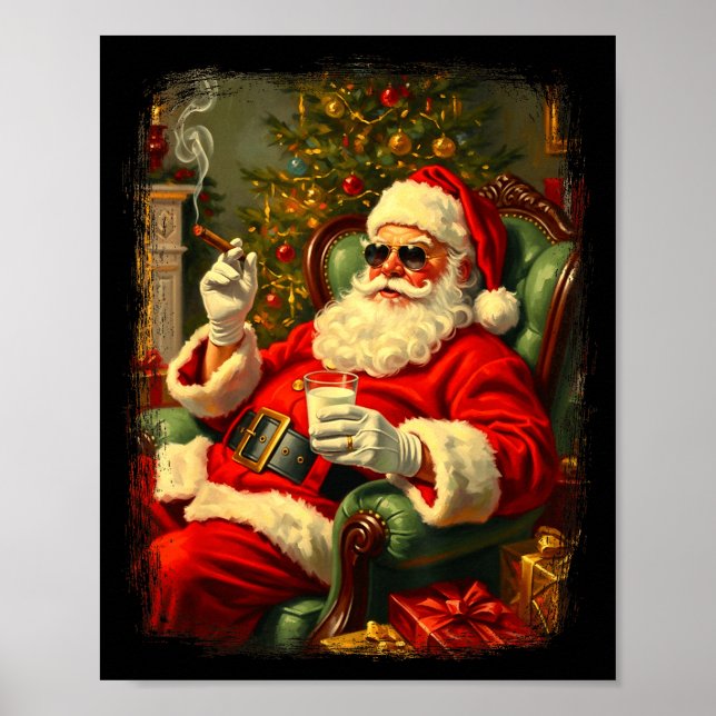 Poster Funny Cool Sungles Cigar And Milk Santa Christmas  (Devant)