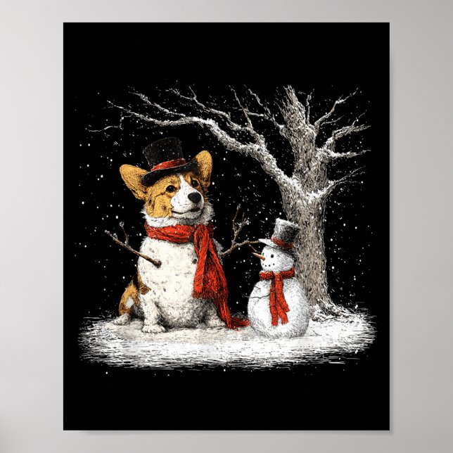 Poster Funny Corgi Dog In The Snow Tree Christmas Winter  (Devant)