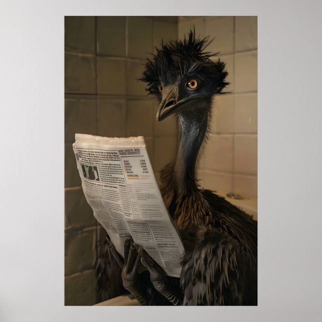 Poster Funny Emu Bathroom Print, Newspaper Reading Animal (Devant)