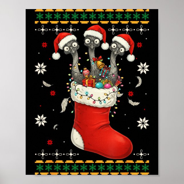 Poster Funny Emu Bird In Xmas Socks Lights Christmas  (Devant)