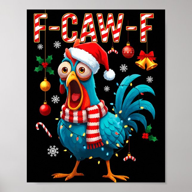 Poster Funny F-caw-f Christmas Chicken Xmas Lights Santa  (Devant)