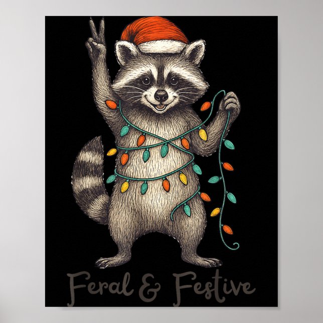 Poster Funny Feral And Festive Raccoon Santa Hat Retro Ch (Devant)