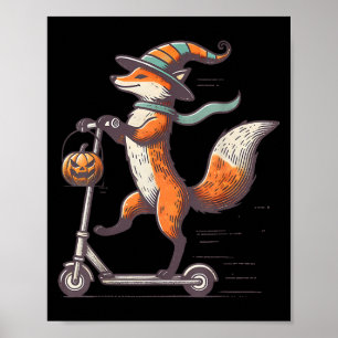 Poster Funny Fox Riding Scooter Automne Citrouille Hallow