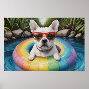 Poster Funny French Bulldog flottant dans un étang