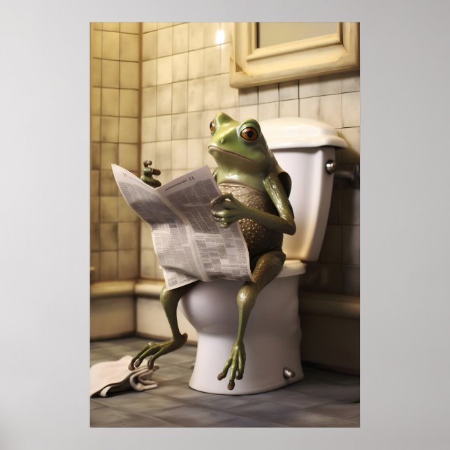 Poster Funny Frog Toilet Print, Newspaper Reading Animal (Devant)