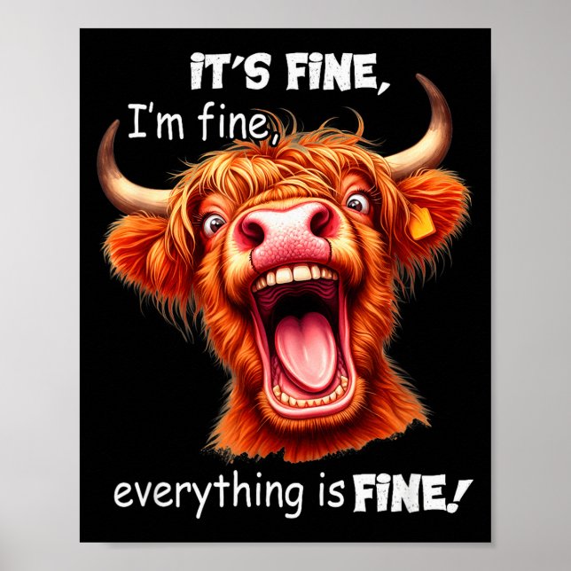 Poster Funny Highland Cow It's Fine I'm Fine Everything I (Devant)