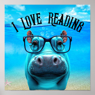 Poster Funny Hippo avec lunettes I Love Reading Library