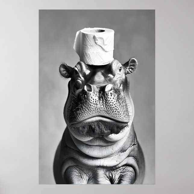 Poster Funny Hippo Bathroom Art Print, Toilet Paper Hat (Devant)