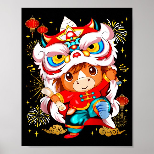 Poster Funny Horse Lion Dance Chinese New Year Kid Men  (Devant)
