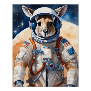 Poster Funny Kangaroo en costume d'astronaute dans l'espa