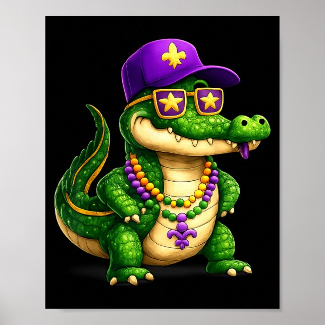 Poster Funny Mardi Gras Alligator Beads Carnival Celebrat (Devant)