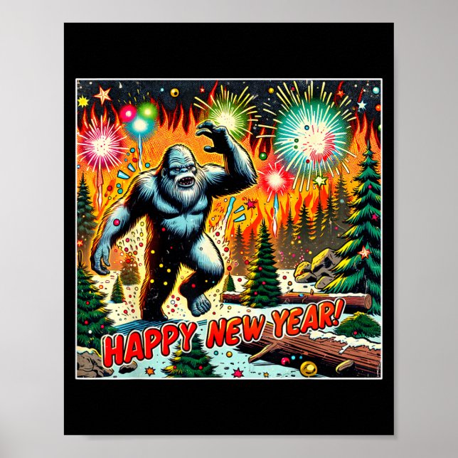 Poster Funny New Years Eve 2024 Bigfoot And Fireworks Hum (Devant)
