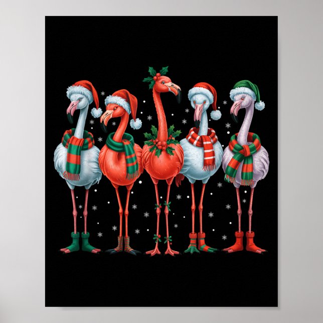 Poster Funny Nk Flamingos Merry Christmas Tree Xmas Snowf (Devant)
