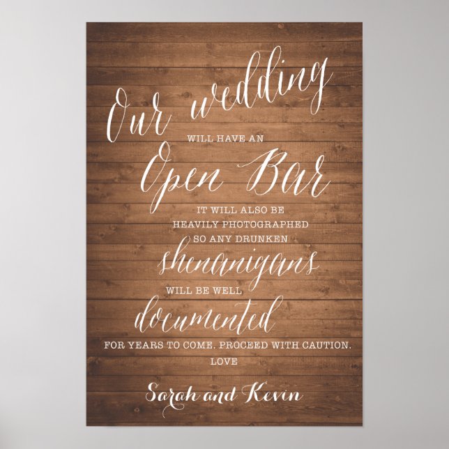 Poster Funny Open Bar Mariage signe | Noms personnalisés (Devant)