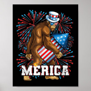 Poster Funny Patriot Sasquatch Bigfoot feux d'artifice Su
