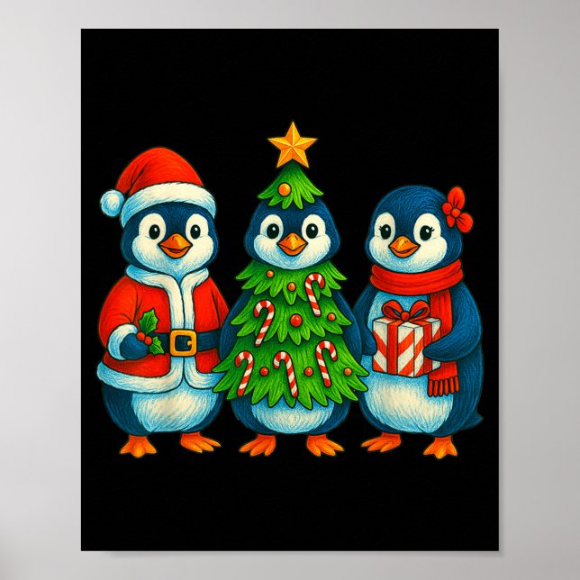 Poster Funny Penguin Christmas Lights Penguin Cute Xmas H (Devant)