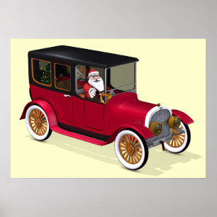 Poster Funny Père Noël Dans La Limousine Vintage Rouge