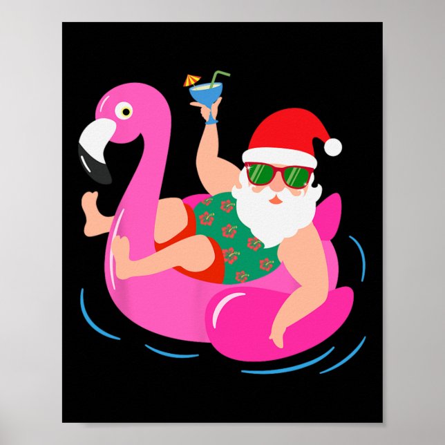Poster Funny Pool Party Santa Sungles Flamingo Christmas  (Devant)