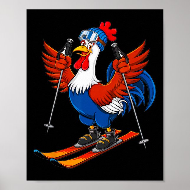 Poster Funny Rooster Skiing Adventure Cartoon  (Devant)