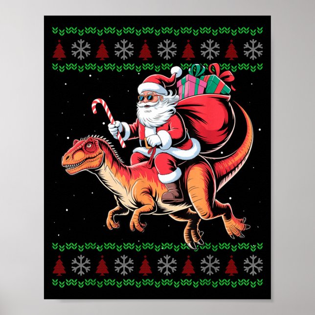 Poster Funny Santa Riding Dinosaur Animal Ugly Christmas  (Devant)