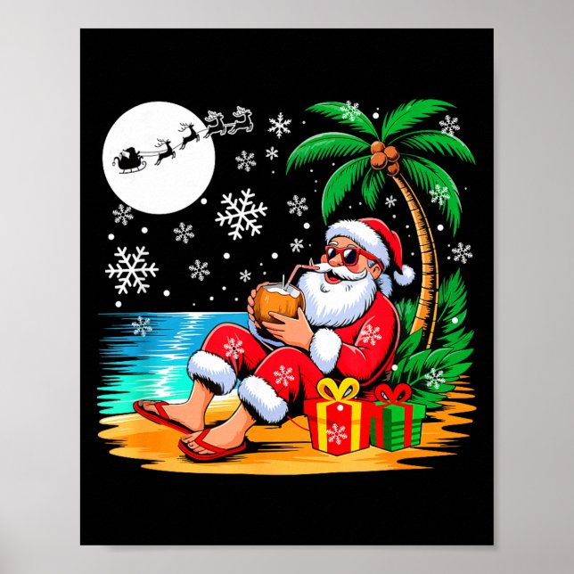 Poster Funny Santa Sungles Drinking Coconut On Beach Chri (Devant)