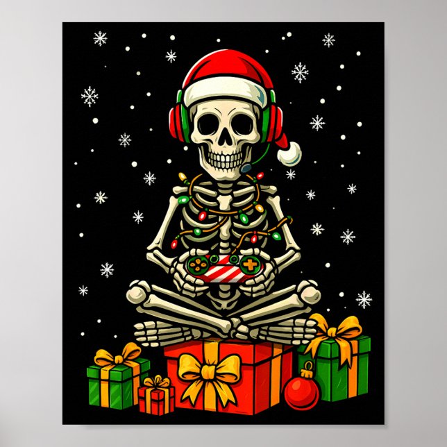 Poster Funny Skeleton Game Controller Xmas Lights Men Wom (Devant)