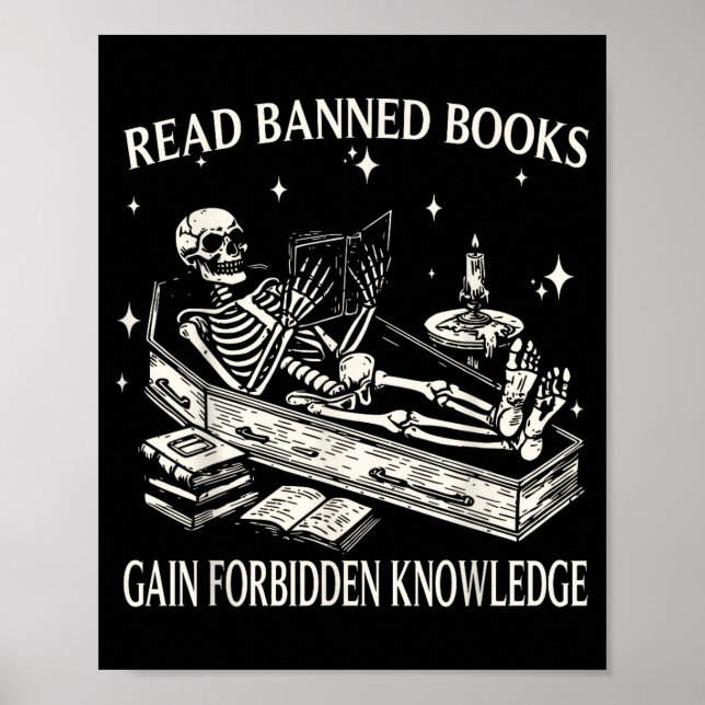 Poster Funny Skeleton Read Banned Books Gain Forbidden Kn (Devant)