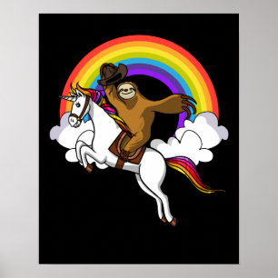 Poster Funny Sloth Cowboy Riding Magique Unicorne Arc en