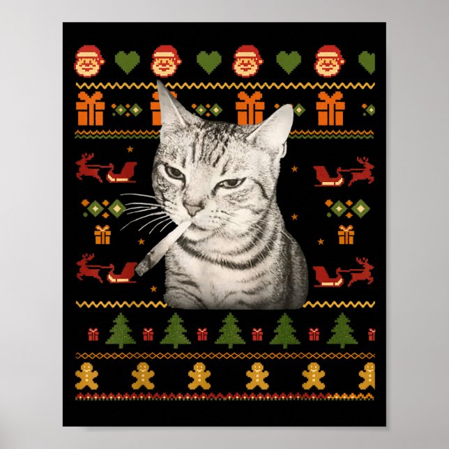 Poster Funny Smoking Cat Meme Christmas Ugly Sweaters For (Devant)