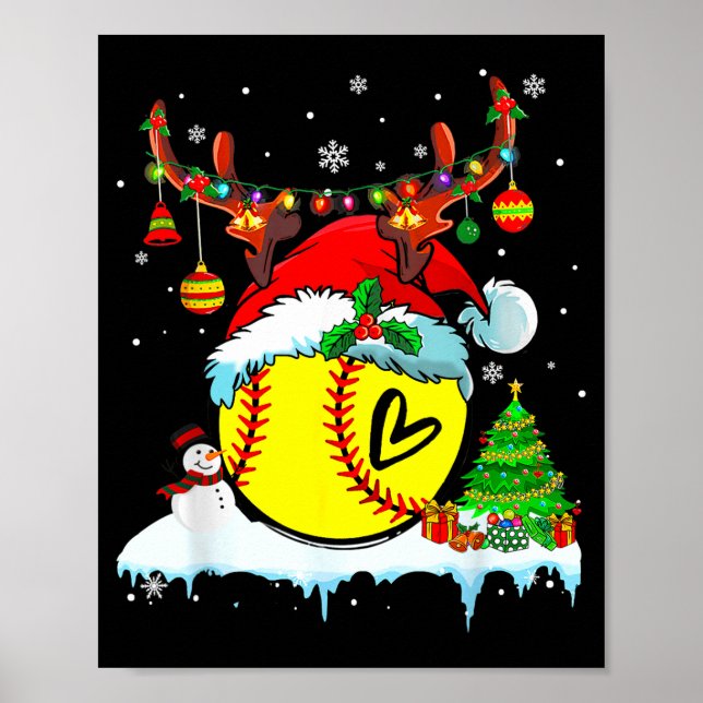 Poster Funny Softball Christmas Reindeer Santa Hat Lights (Devant)