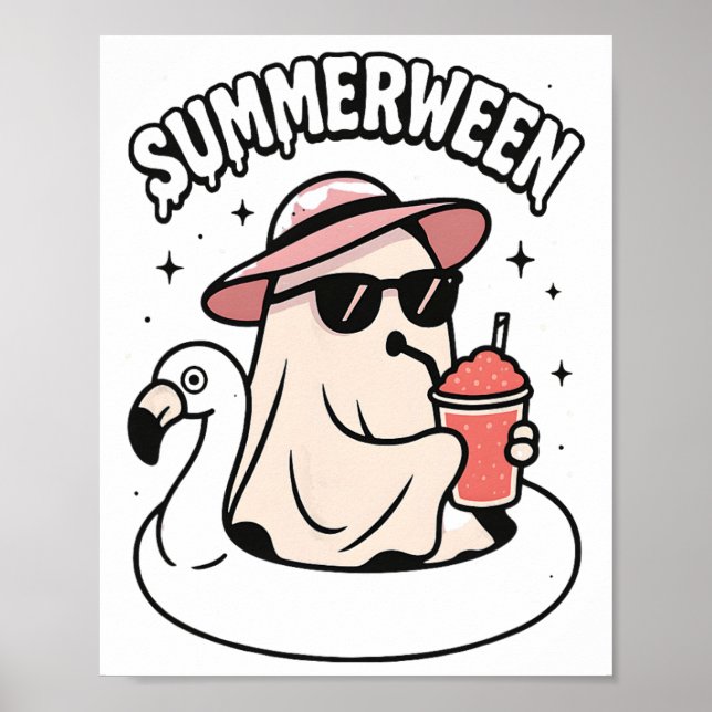 Poster Funny Summerween rose Fantôme Flottant Au Flamant  (Devant)