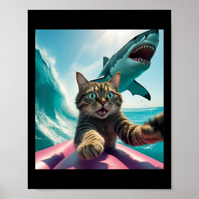 Poster Funny Surfing Cat Selfie With Shark Meme _1  (Devant)