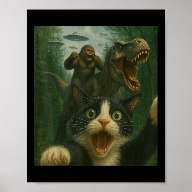 Poster Funny Surprised Chat effrayé Selfie T-rex Dinosaur (Devant)