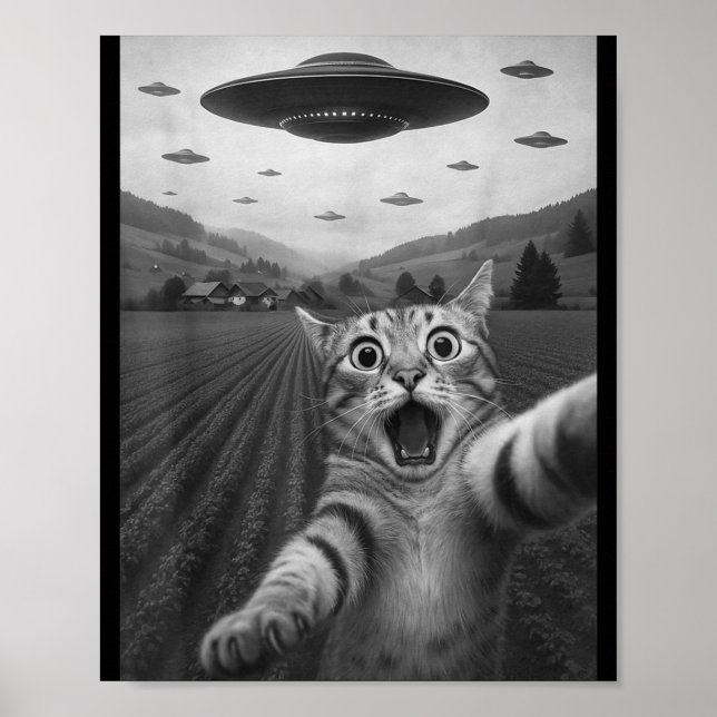 Poster Funny Surprised Ed Cat Selfie With Alien Ufo Cat U (Devant)