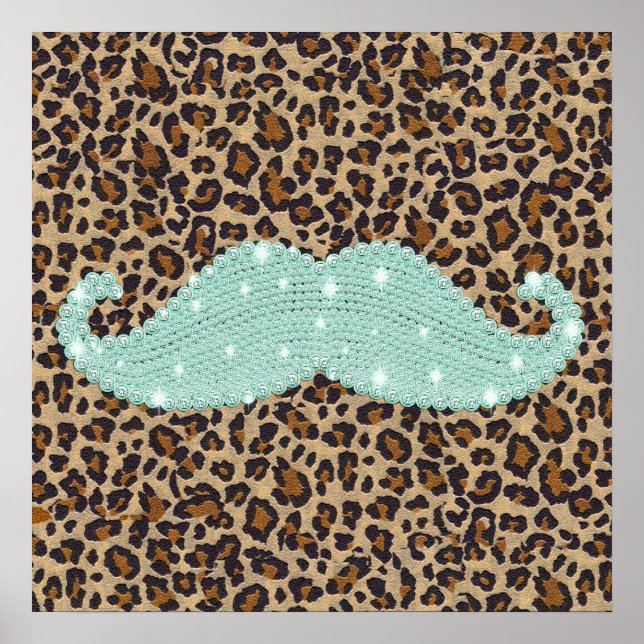 Poster Funny Teal Green Bling Mustache And Animal Print (Devant)