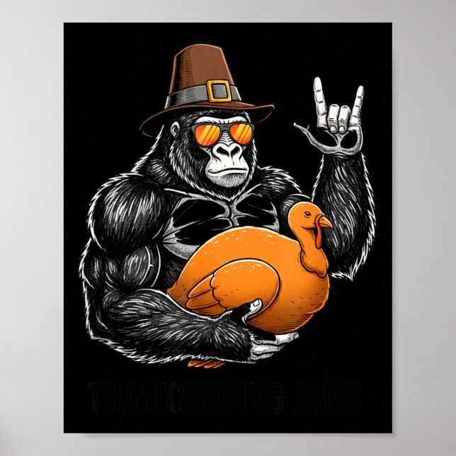 Poster Funny Thanksgiving Gorilla Holding Turkey Lgrim Ha (Devant)