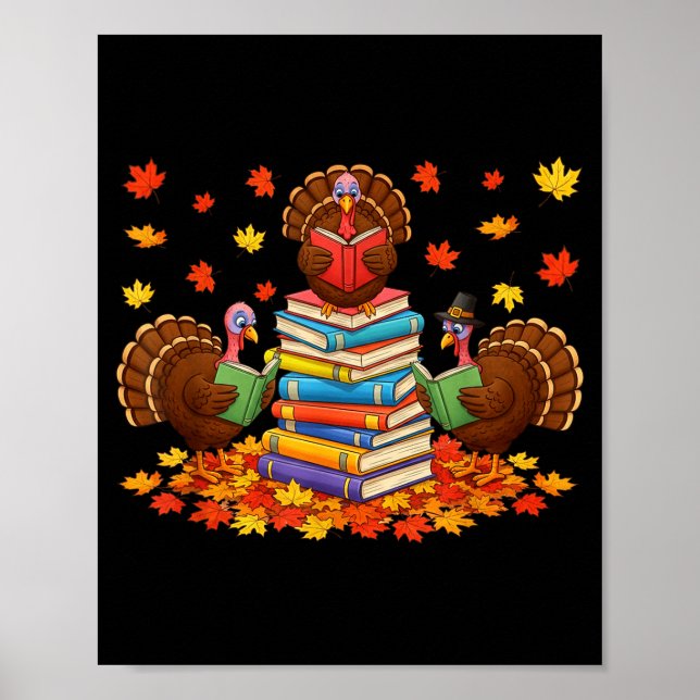 Poster Funny Turkey Reading Book Fall Thanksgiving Teache (Devant)