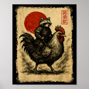 Poster Funny Vintage Raton laveur Coq Poulet Japonais Uki
